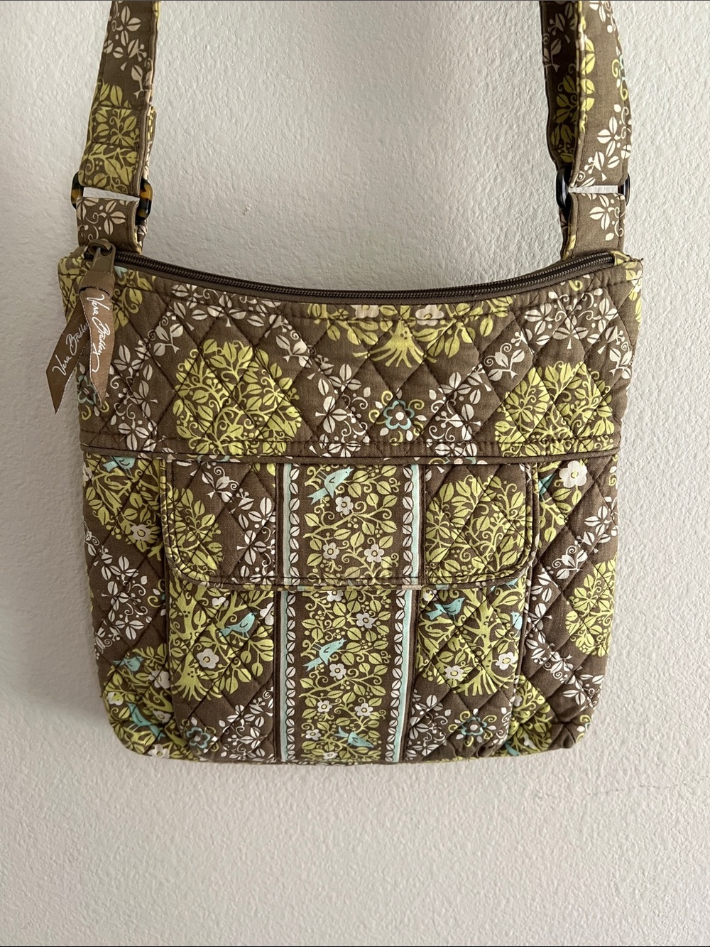 Vera Bradley 2 Pc Crossbody Bag Wallet Purse Set Brown Green Floral Birds retire